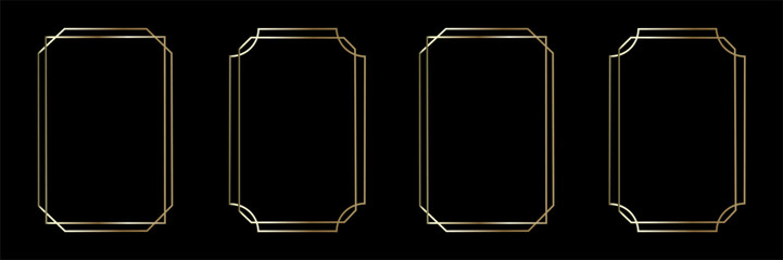 Thin golden frame set. Gold geometric border collection in art deco style. Thin linear shining rectangular shape bundle