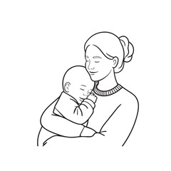 Black and white line art of a beautiful mother lovingly embracing her baby minimalist tender illustration