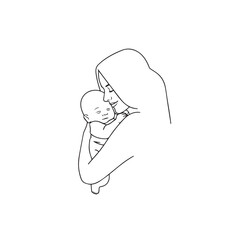 Black and white line art of a beautiful mother lovingly embracing her baby minimalist tender illustration