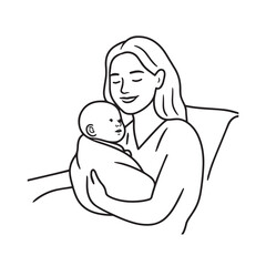 Black and white line art of a beautiful mother lovingly embracing her baby minimalist tender illustration