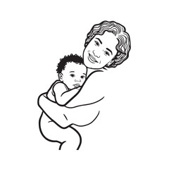 Black and white line art of a beautiful mother lovingly embracing her baby minimalist tender illustration