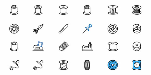 Illustration of sewing and crafting tools including spools of thread scissors and other accessories