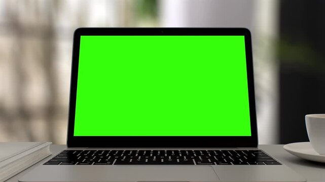 Greenscreen display on laptop set on white table. Blurred Home office workspace. Chroma key on screen for Video Call, Website Template Presentation Game Applications. Freelance Business. Zoom in