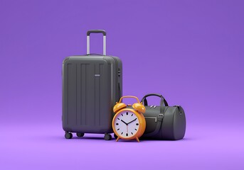 Time to travel concept with suitcase duffel bag and alarm clock against a vibrant purple background for vacation planning and trip preparation