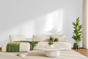 Modern sofa with green blanket, coffee table and potted plant isolated PNG with shadow, background removed interior furniture