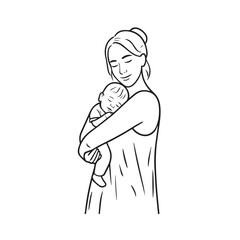Black and white line art of a beautiful mother lovingly embracing her baby minimalist tender illustration
