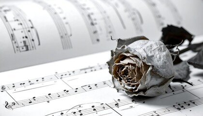 Dried rose on sheet music