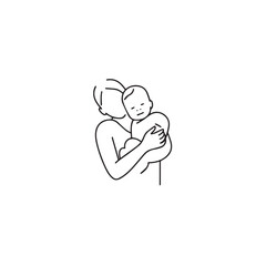 Black and white line art of a beautiful mother lovingly embracing her baby minimalist tender illustration