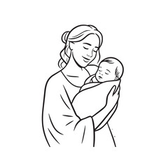 Black and white line art of a beautiful mother lovingly embracing her baby minimalist tender illustration