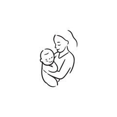 Black and white line art of a beautiful mother lovingly embracing her baby minimalist tender illustration