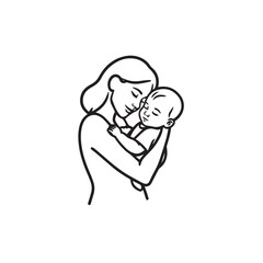 Black and white line art of a beautiful mother lovingly embracing her baby minimalist tender illustration