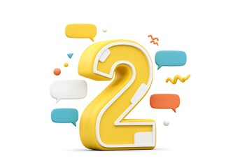 Vibrant 3D Number Two with Speech Bubbles for Communication Concepts and Social Media Engagement