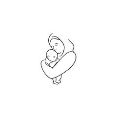Black and white line art of a beautiful mother lovingly embracing her baby minimalist tender illustration