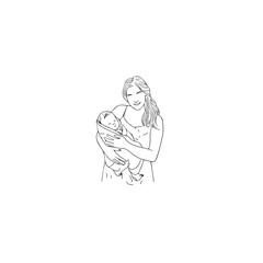 Black and white line art of a beautiful mother lovingly embracing her baby minimalist tender illustration