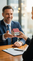 Real estate agent offers model home, sealing the deal with happy new home buyers today
