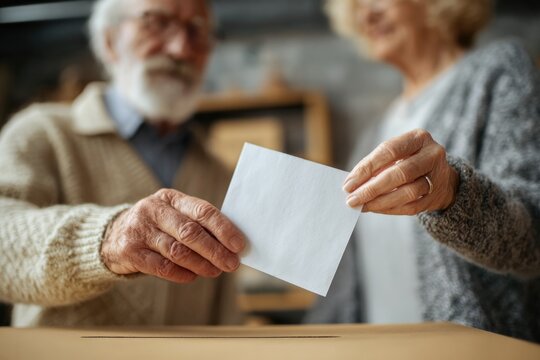 Elderly couple participating in voting process, handling ballot - Powered by Adobe