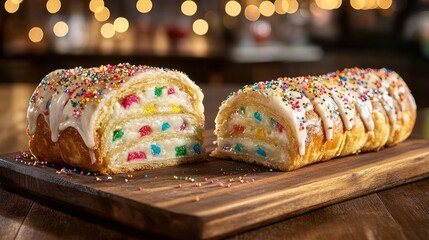 Sliced, colorful pastry with sprinkles and cream filling, on a wooden board