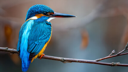 A vibrant kingfisher perched gracefully on a slender branch against a blurred background scene outdoors