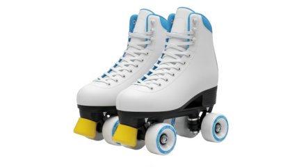 A pair of white roller skates close up on transparent background