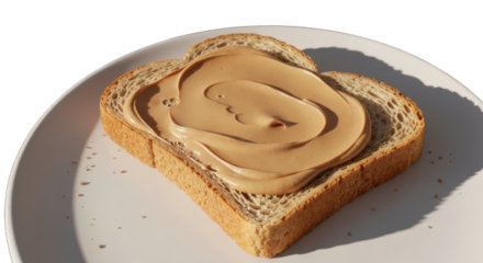 Peanut butter lavishly spread on whole wheat bread slice