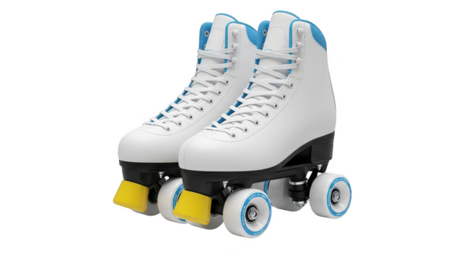 A pair of white roller skates close up on transparent background