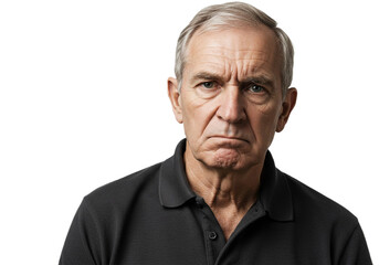 Serious senior man with a furrowed brow looking directly at the viewer with deep emotions