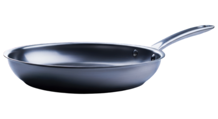 Shiny steel skillet with long handle, isolated