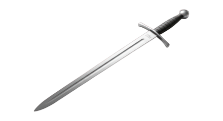 Shiny sword with dark handle, on plain background