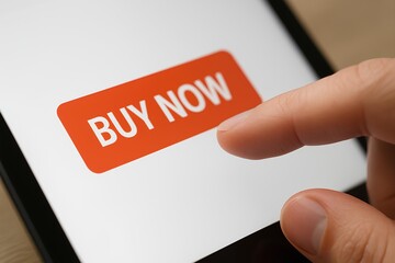 Close-up of finger tapping Buy Now button on tablet