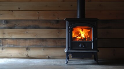 Obraz premium A black wood-burning stove with a bright orange fire, against a rustic wooden wall
