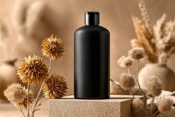 Matte black bottle on beige cube, surrounded by dried beige flowers