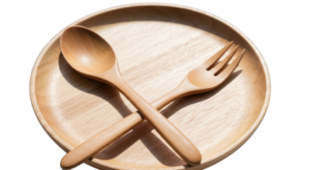 Wooden plate holding crossed spoon and fork, simple setup