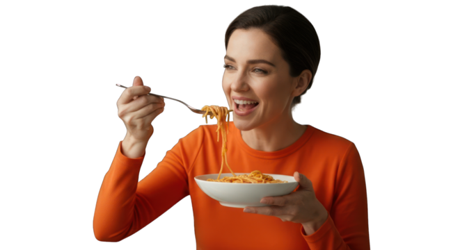 Woman eats pasta; bright background, joyful expression