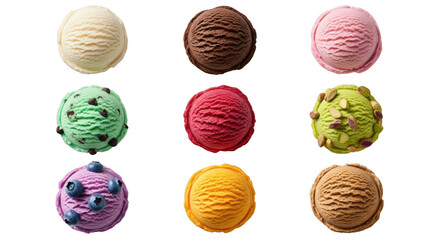 Nine scoops of different ice cream on transparent background