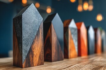 Geometric award trophies on a wooden table, ideal for recognizing achievement in business or sports.