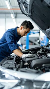 Concentrated Asian mechanic in blue uniform examines engine components under open hood in auto repair shop for maintenance service