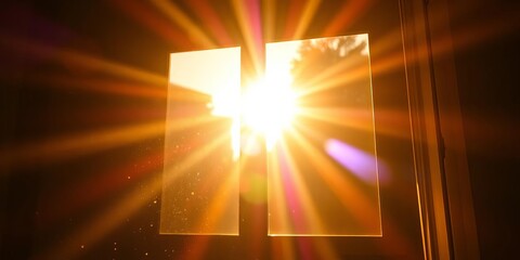 Golden hour sunlight streams through window, illuminating dust motes in air, daylight, shadow