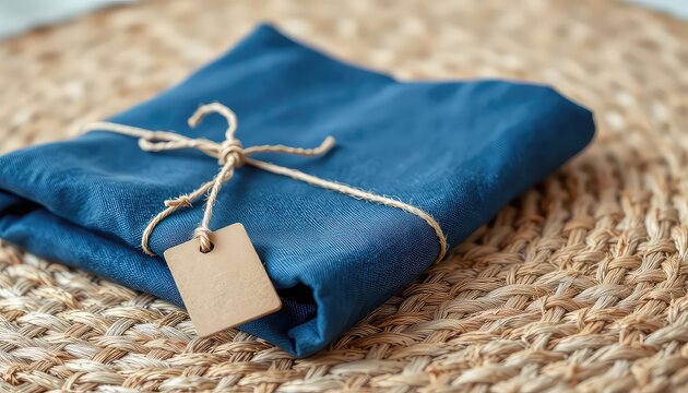 Folded Blue Cloth Tied With String and a Simple Label Tag Resting on a Woven Tan Surface