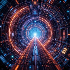 Futuristic glowing tunnel filled with neon lights and digital circuits, creating an immersive path that feels like a data highway into infinite virtual space