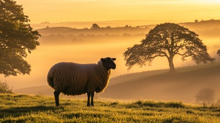 Fototapeta premium Misty morning landscape with sheep. Golden sunrise illuminates a sheep standing on a grassy hill overlooking a valley shrouded in morning mist