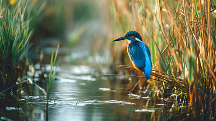 A kingfisher perched on a branch amidst tall grass near a body of water on a sunny day outdoors
