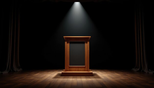 Wooden Podium on a Stage with Curtains and a Single Spotlight Shines from Above