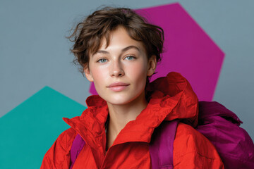 Young hiker woman posing with backpack and red jacket on colorful background