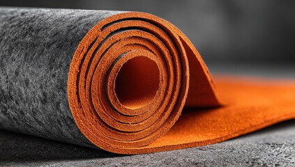 Rolled-up, vibrant orange and gray,  leather-like material