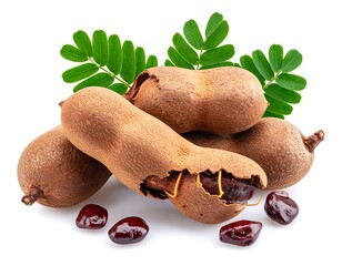 Dried tamarind pods with seeds on white background