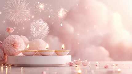 Banner design for diwali festival and podium,Diwali light decoration candle with fireworks,Stage,Product display Showcase design sparkle background,Deepavali,Dipavali,3D podium illustration.