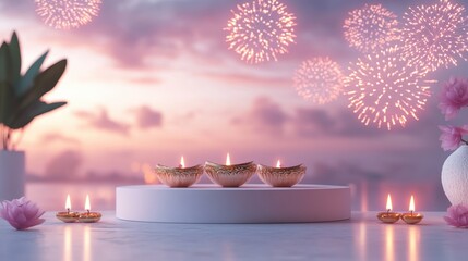 Banner design for diwali festival and podium,Diwali light decoration candle with fireworks,Stage,Product display Showcase design sparkle background,Deepavali,Dipavali,3D podium illustration.