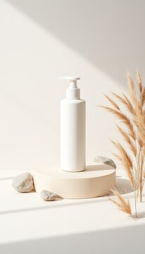 Minimalist setting displaying a white dispenser bottle on a beige podium with rocks and decorative dried grasses