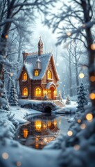 Fototapeta premium Charming Woodside Cabin Illuminated with Warm Light Reflected in a Calm Winter Stream
