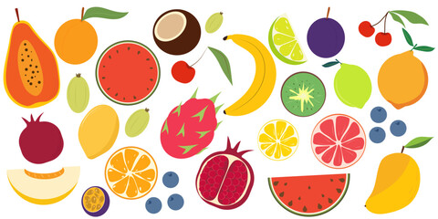 A set of hand-drawn fruits. A variety of exotic fruits. Pictures for stickers, labels, and icons. Fruits for children's books and illustrations.